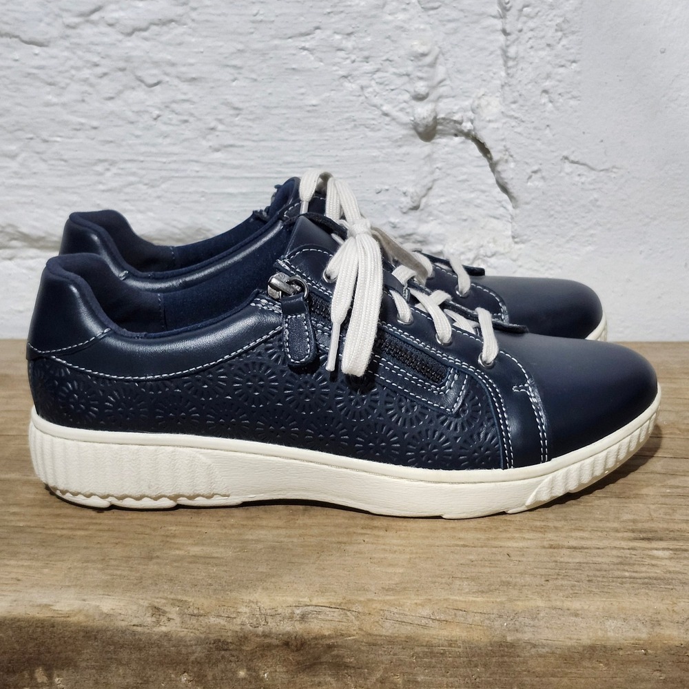 Clarks Collection Caroline Rio Navy Leather Zip Lace Sneakers Womens 9 M Comfort